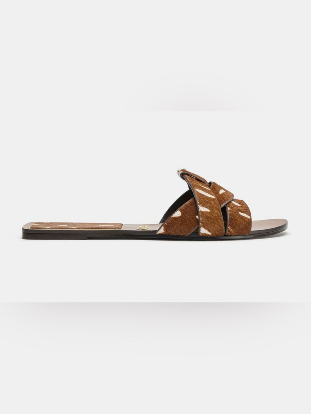 Zara NWT Brown Cow Print Faux Fur Cross Strap Flat Sandals - Picture 4 of 9
